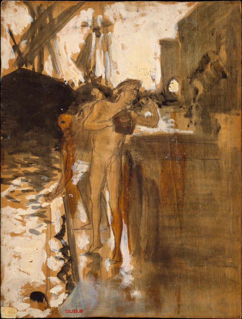 Der Balkon, Spanien [und] Zwei nackte Badende stehen auf einem Kai - John Singer Sargent