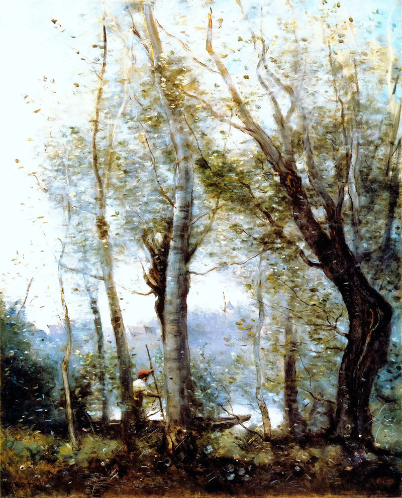 Der Bootsmann, der hinter den Bäumen des Ufers vorbeifährt - Jean-Baptiste Camille Corot