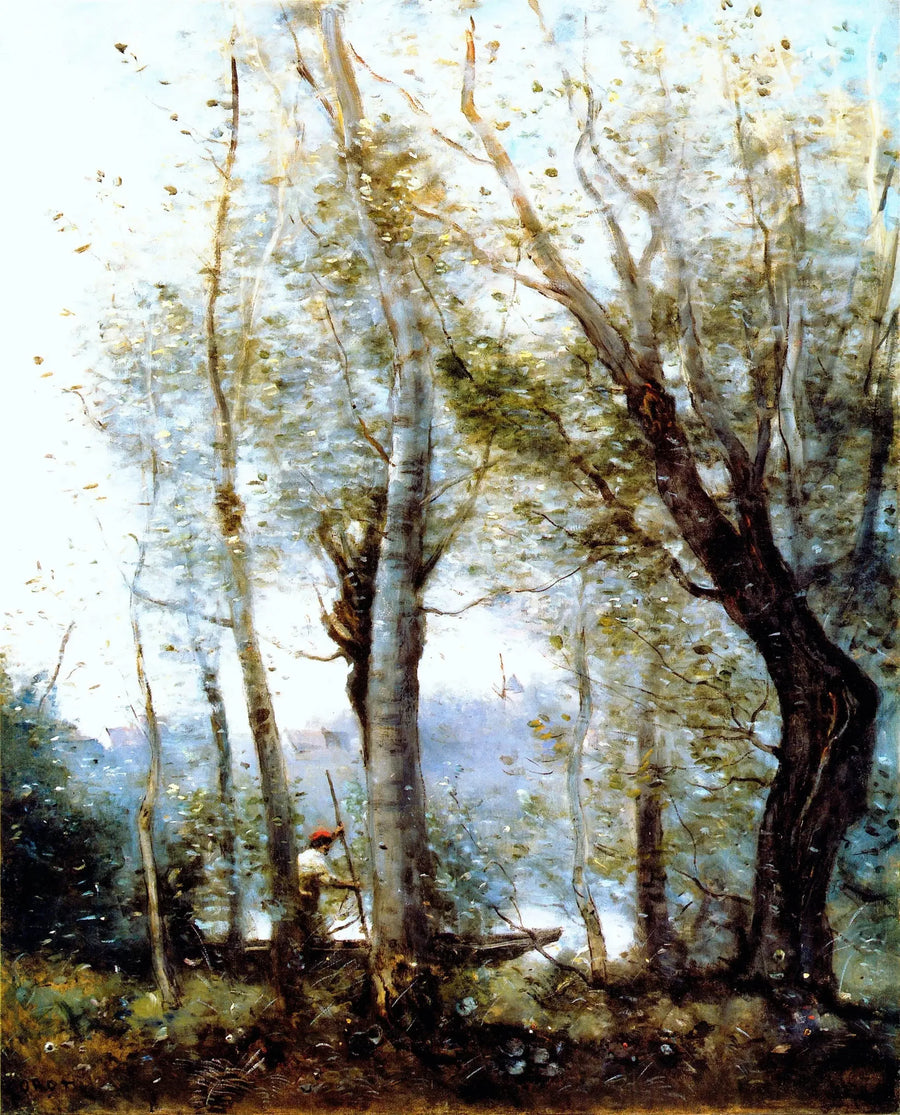 Der Bootsmann, der hinter den Bäumen des Ufers vorbeifährt - Jean-Baptiste Camille Corot