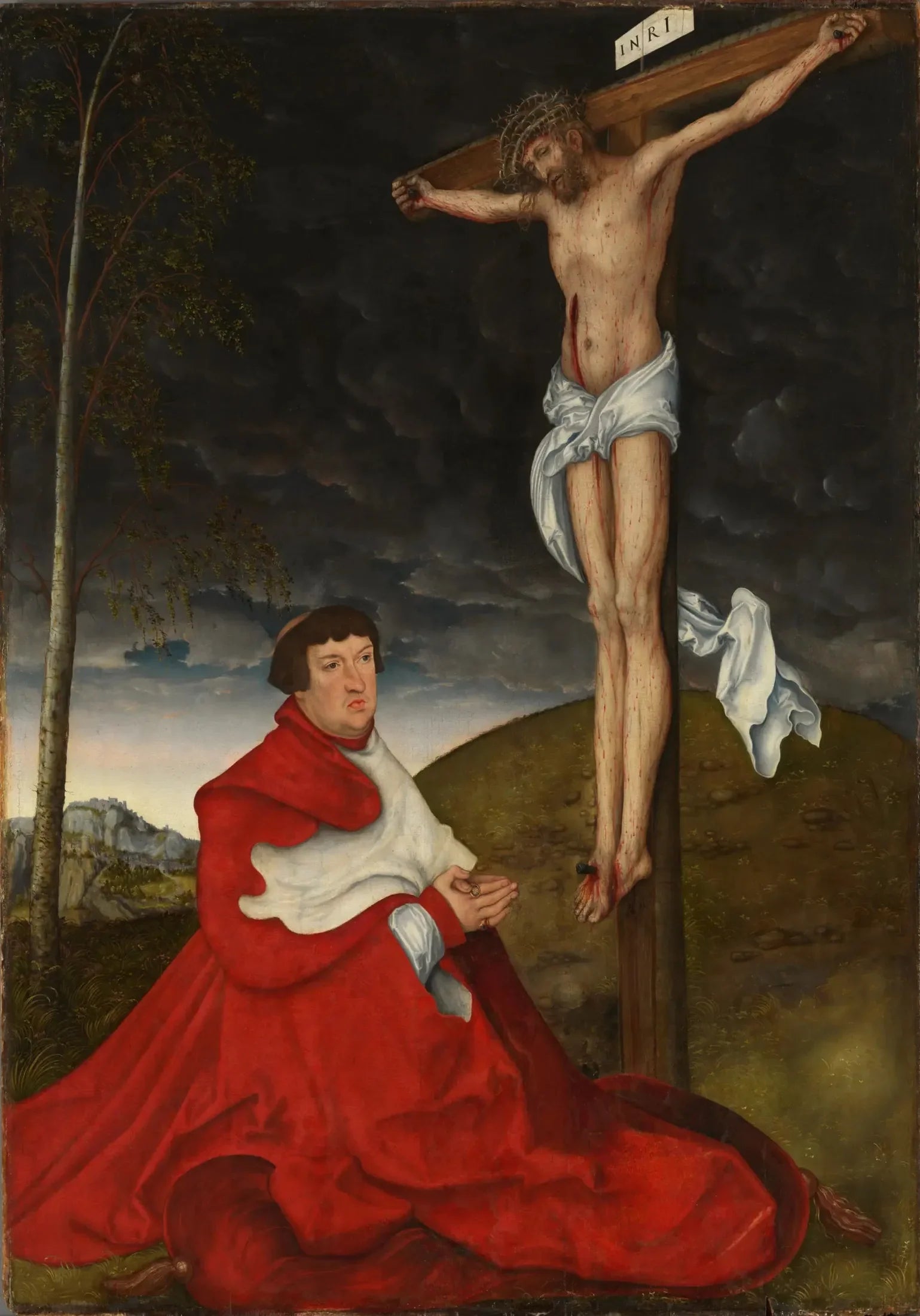 Le cardinal Albrecht von Brandenbourg devant la Crucifixion - Lucas Cranach the Elder image 1 reproduction artisanale de tableau