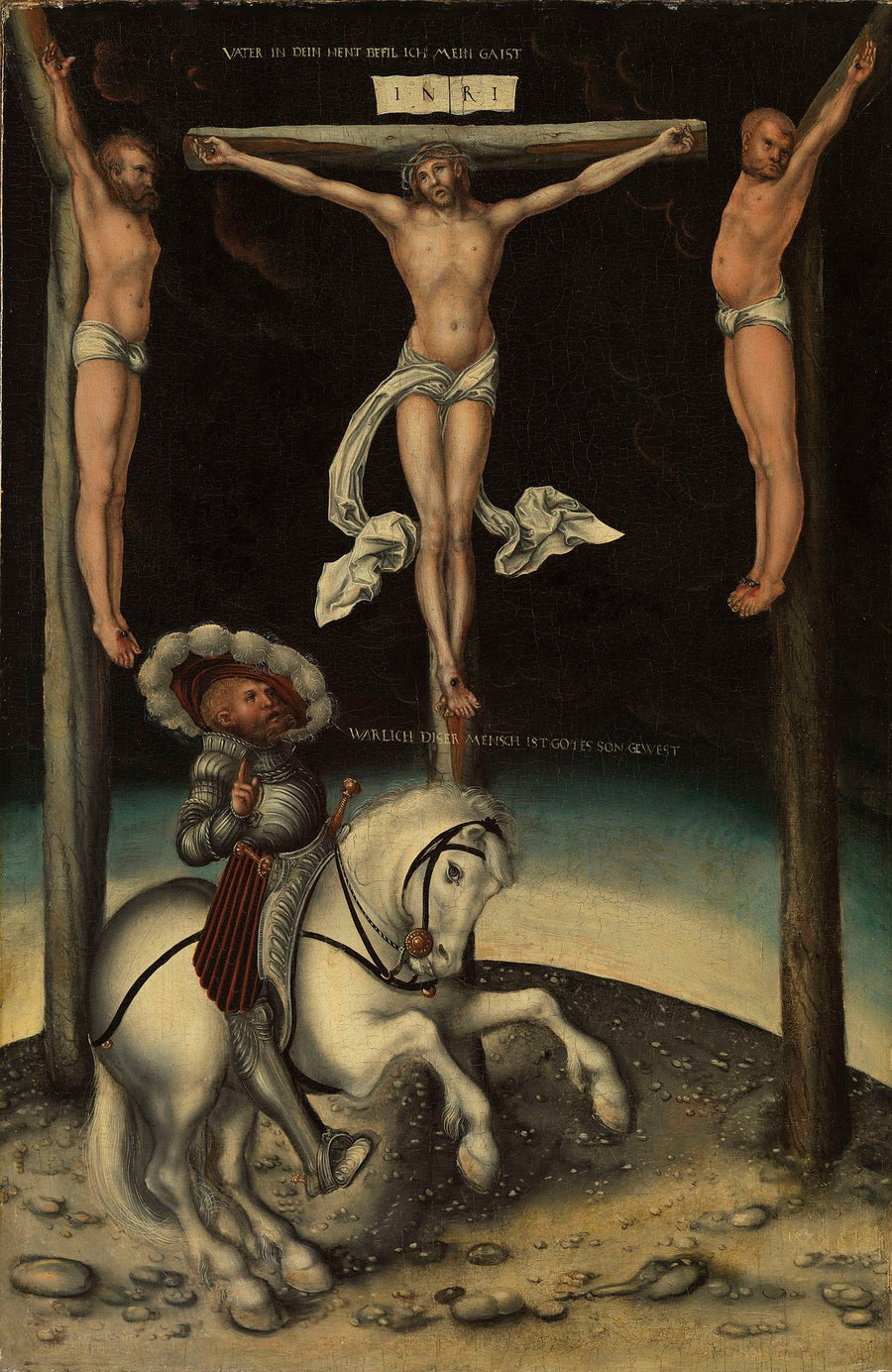 Der Zenturion Longinus unter den Kreuzen Christi und den beiden Schächer - Lucas Cranach der Ältere