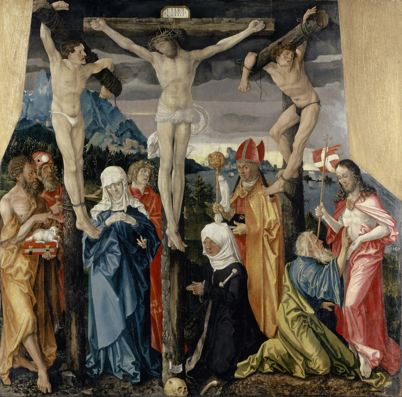 Der Christus am Kreuz mit den Räubern, Heiligen und einer Spenderin - Hans Baldung Grien