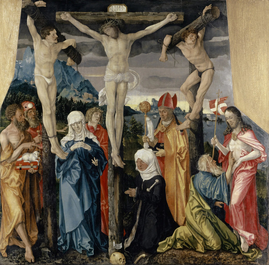 Der Christus am Kreuz mit den Räubern, Heiligen und einer Spenderin - Hans Baldung Grien