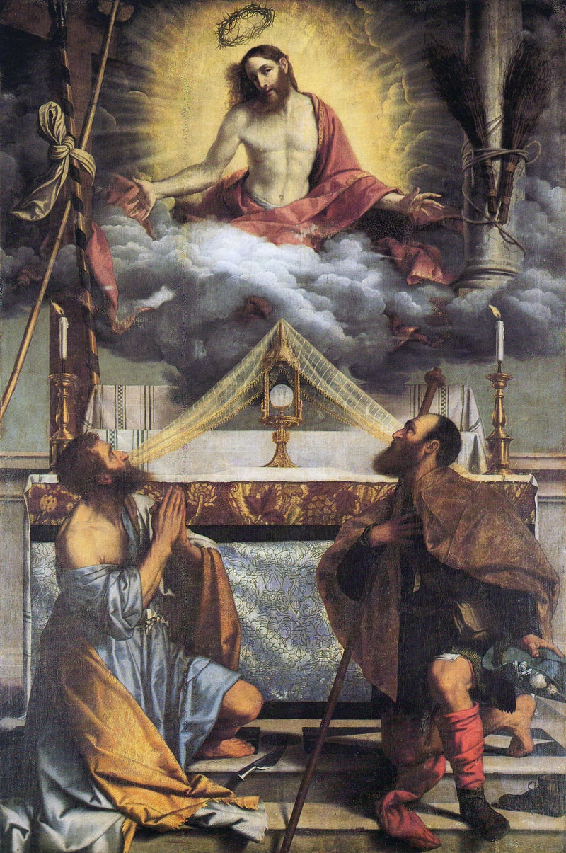 Der Christus mit der Eucharistie und den Heiligen Barthélemy und Roch - Alessandro Bonvicino