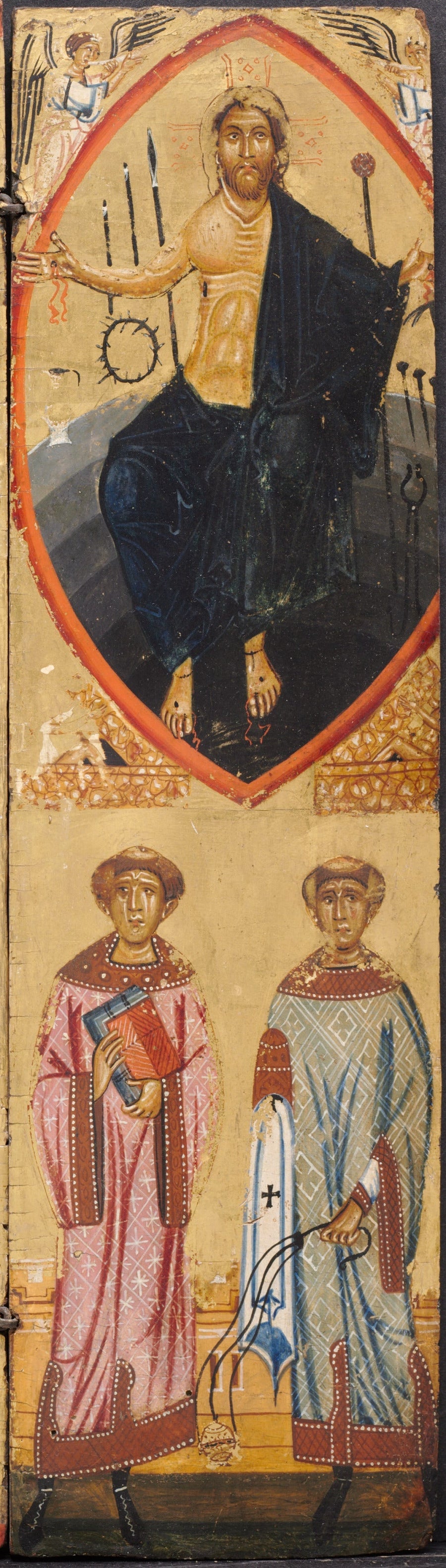 Christus in einer Mandorla mit den Passionsinstrumenten, mit St. Stephan und St. Laurentius unten - Berlinghiero Berlinghieri