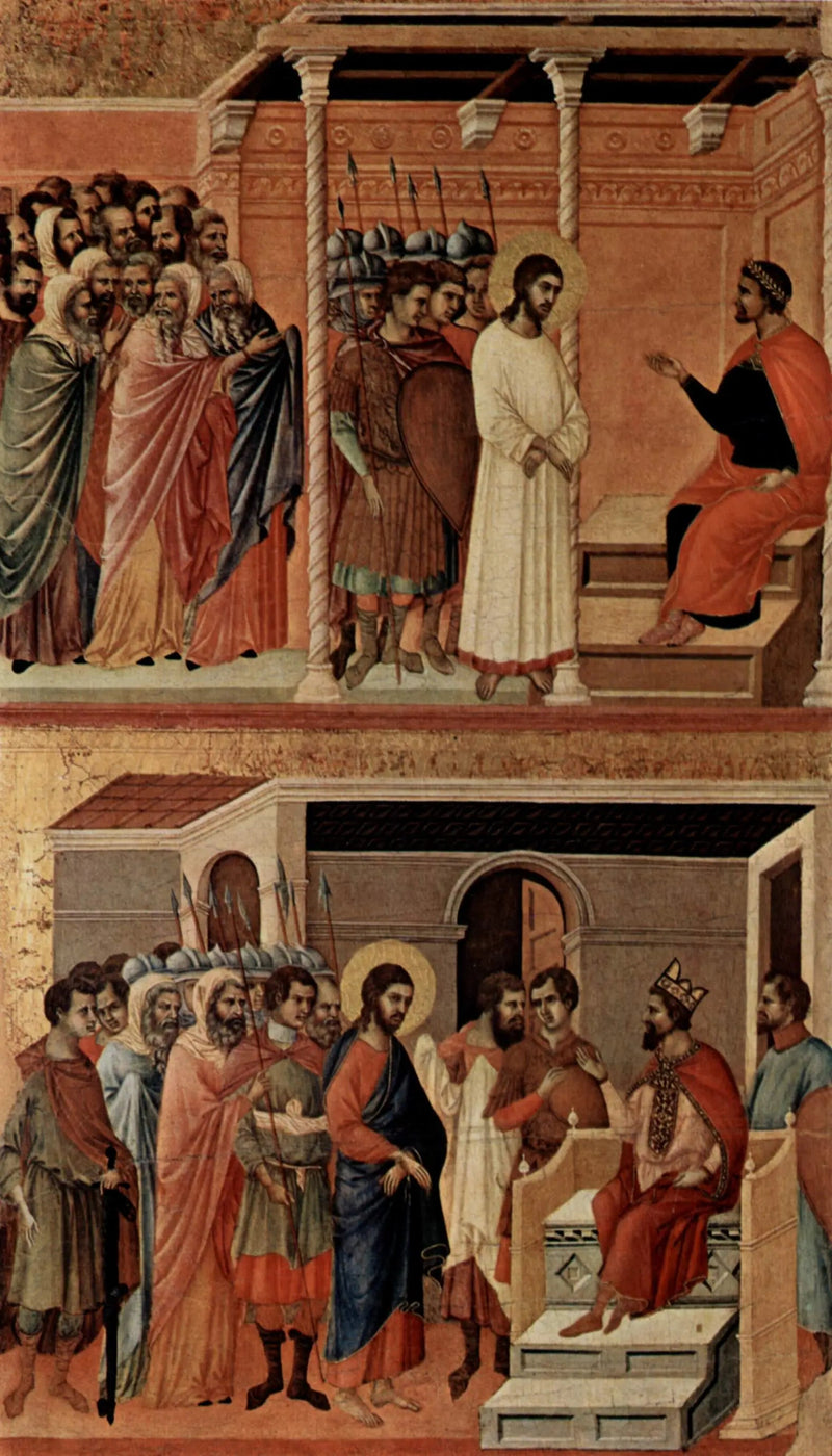 Christus vor Pilatus erneut (oben); Christus vor Herodes (unten) - Duccio di Buoninsegna