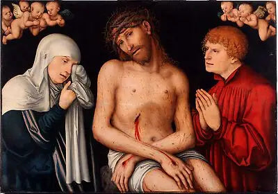 Le Christ en Homme de Douleurs flanqué de la Vierge et de saint Jean avec des anges - Lucas Cranach the Elder image 1 reproduction artisanale de tableau