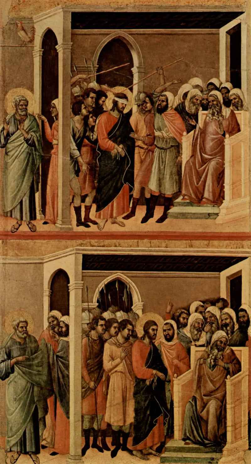 Der verspottete Christus (oben); Der Christus vor Kaiphas (unten) - Duccio di Buoninsegna