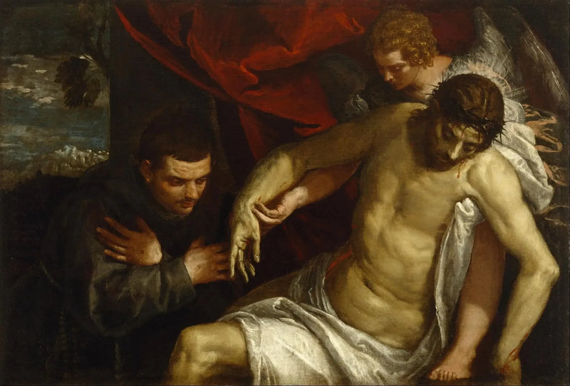 Der verstorbene Christus gehalten von einem Engel und verehrt von einem Franziskaner - Paul Véronèse