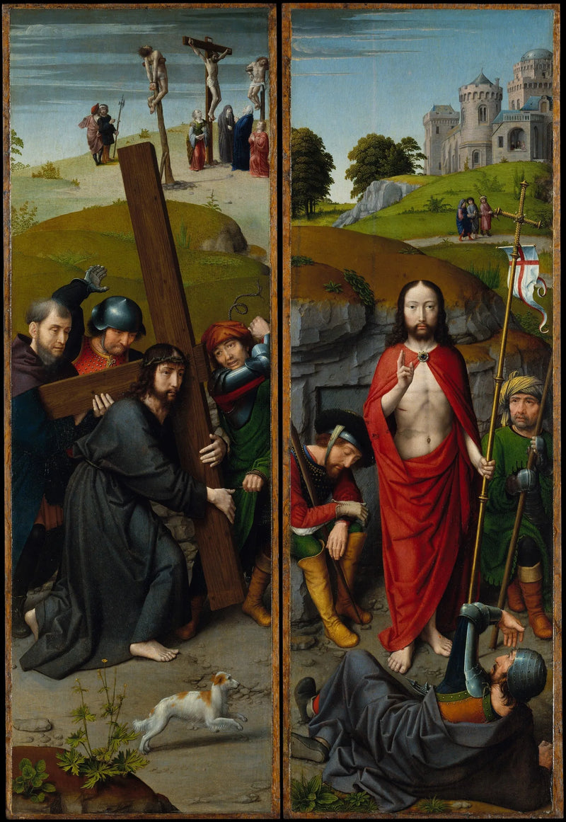 Christus trägt das Kreuz, mit der Kreuzigung; die Auferstehung, mit den Emmaus-Pilgern - Gérard David