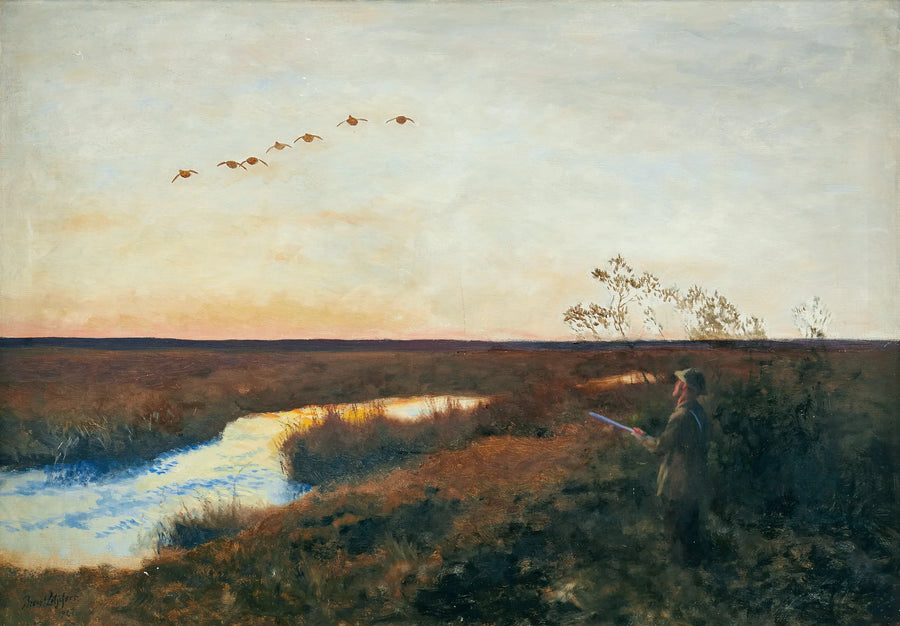Die Dämmerung hüllt eine Landschaft ein, in der sich Enten und ein Jäger ausstrecken – Bruno Liljefors