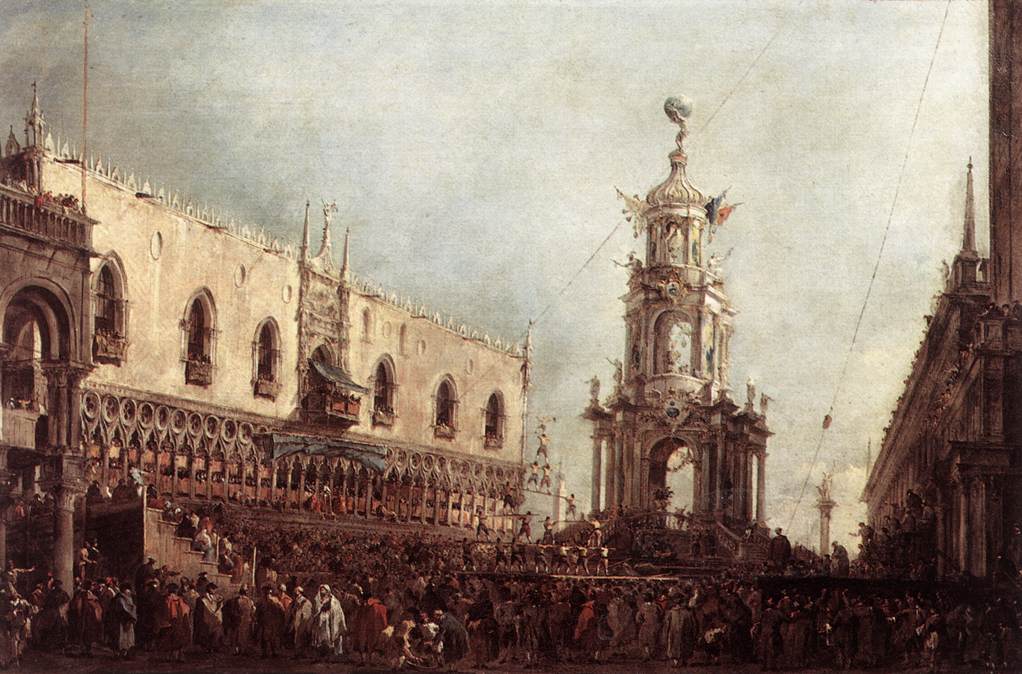Le doge de Venise assiste aux fêtes du Jeudi Gras sur la Piazzetta - Francesco Guardi image 1 copie peinte à la main à l’huile