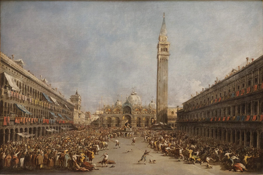 Der Doge von Venedig, getragen von den Gondolieri, nach seiner Wahl auf dem Markusplatz - Francesco Guardi