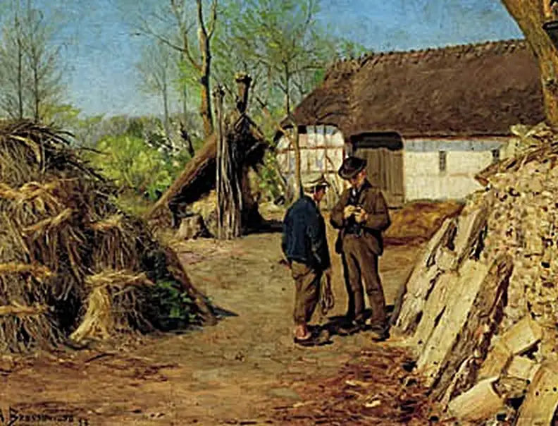 Der Sohn eines jungen Bauern spricht mit einem jungen Landwirt. - H. A. Brendekilde
