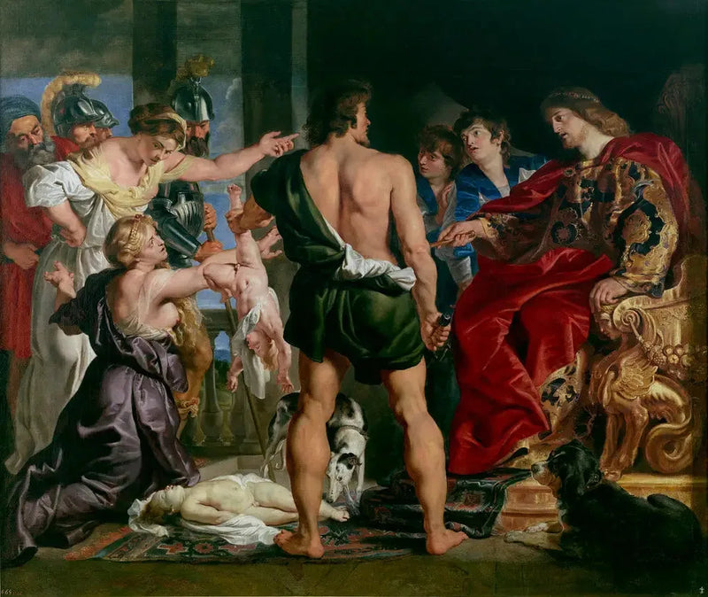 Das Urteil Salomos: Salomo spricht sein Urteil; er befiehlt einem Soldaten, das lebende Kind in zwei Hälften zu teilen; die wahre Mutter widerspricht dem Urteil Salomos (1 Könige 3:25-27) - Peter Paul Rubens