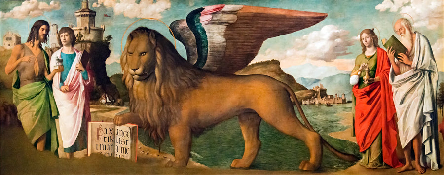 Der Löwe von San Marco zwischen den Heiligen Johannes dem Täufer, Markus, Maria Magdalena und Hieronymus - Cima da Conegliano