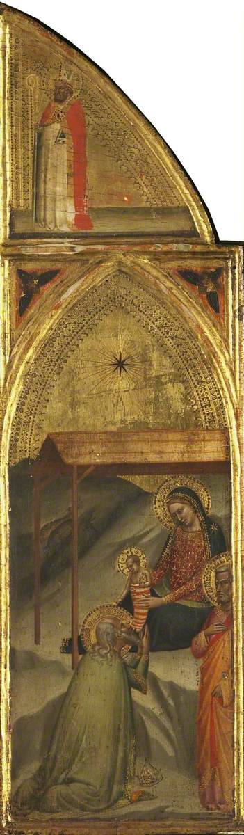 Der Magier, der das Jesuskind und den Bischof anbetet (Triptychon, rechte Flügel) (Rückseite) - Bernardo Daddi