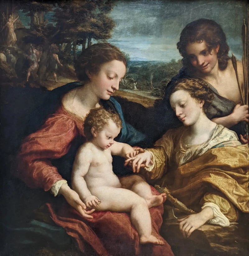 Die mystische Hochzeit der heiligen Katharina von Alexandria im Beisein von heiligem Sebastian - Antonio da Correggio