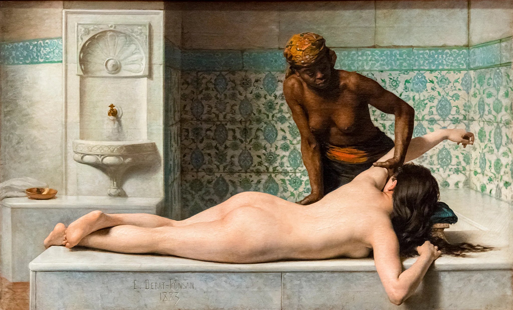 Le Massage. Scène de hammam - Édouard Debat image 1 reproduction de peinture à l’huile