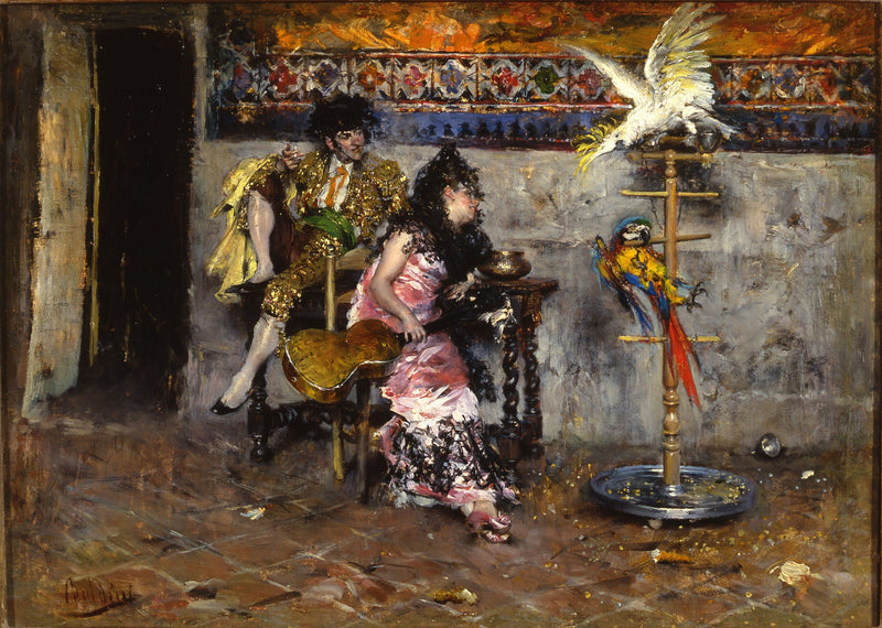 Der Matador oder Paar in spanischer Tracht mit zwei Papageien - Giovanni Boldini