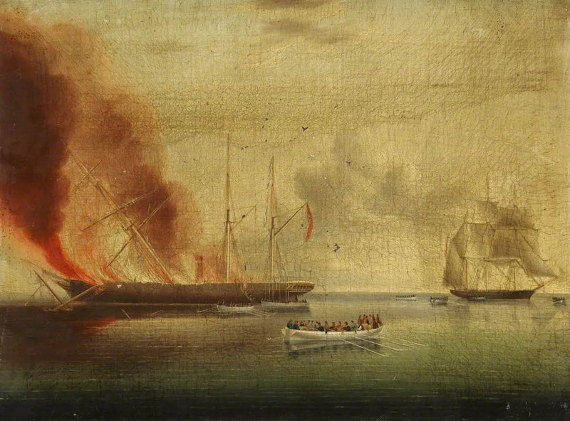 Das Dampfschiff „Glasgow“ in Brand vor der Küste von Nantucket am 31. Juli 1865: Passagiere und Besatzung werden vom „Rosamund“ gerettet - James E. Buttersworth