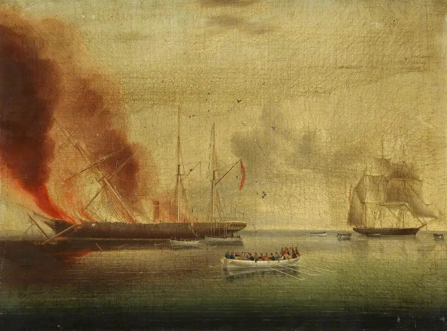 Das Dampfschiff „Glasgow“ in Brand vor der Küste von Nantucket am 31. Juli 1865: Passagiere und Besatzung werden vom „Rosamund“ gerettet - James E. Buttersworth