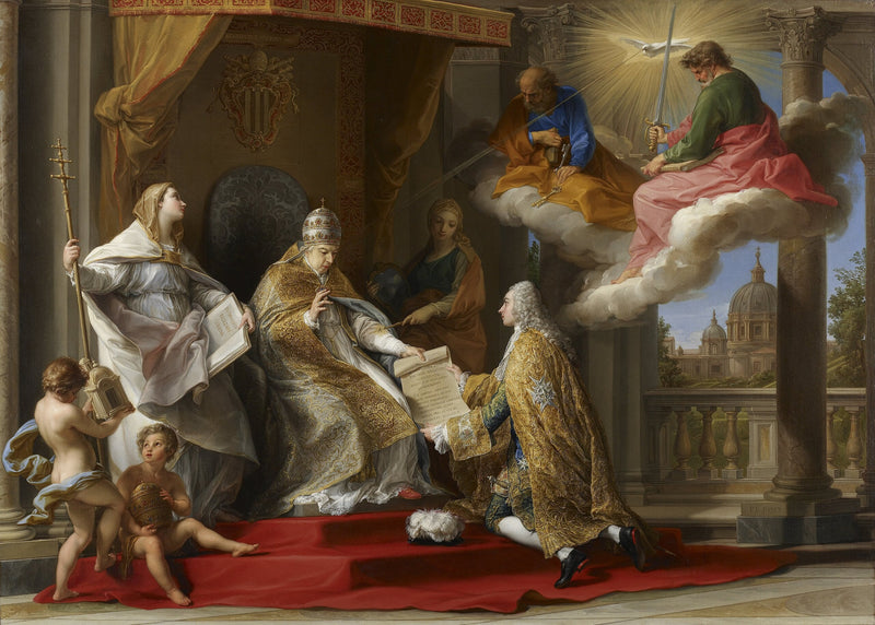 Papst Benedikt XIV. präsentiert die Enzyklika „Ex Omnibus“ dem Grafen von Stainville, dem zukünftigen Herzog von Choiseul - Pompeo Batoni