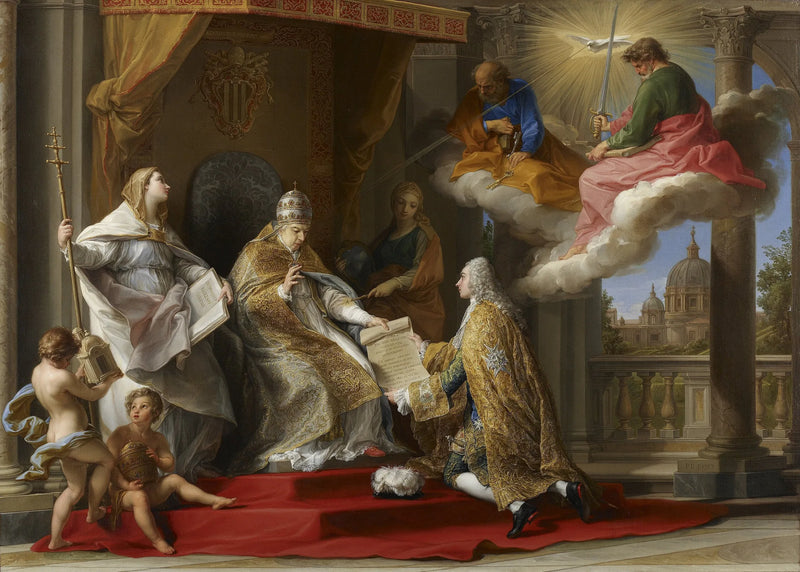 Papst Benedikt XIV. präsentiert die Enzyklika „Ex Omnibus“ dem Grafen von Stainville, dem zukünftigen Herzog von Choiseul - Pompeo Batoni