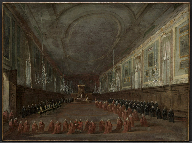 Papst Pius VI. steigt vom Thron, um sich vom Dogen im Saal der Heiligen Johannes und Paulus zu verabschieden, 1782 - Francesco Guardi