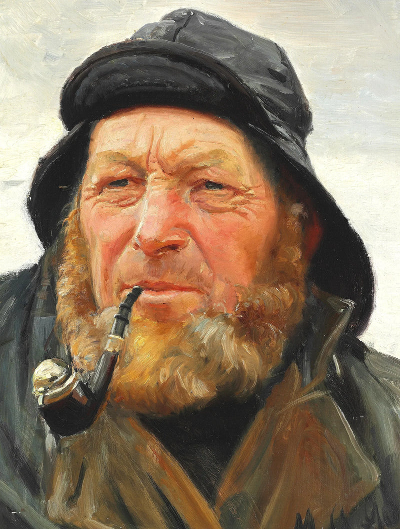 Der Fischer Ole Svendsen aus Skagen trägt ein Ölzeug und raucht eine Pfeife. -Michael Peter Ancher