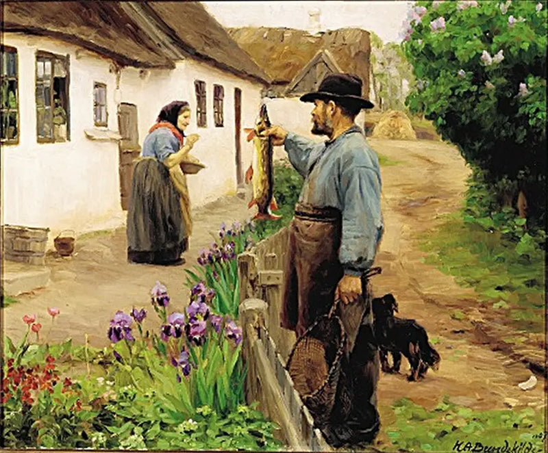 « Der Fischer ». Ein Fischer bietet einer alten Frau einen großen frischen Hecht an. - H. A. Brendekilde