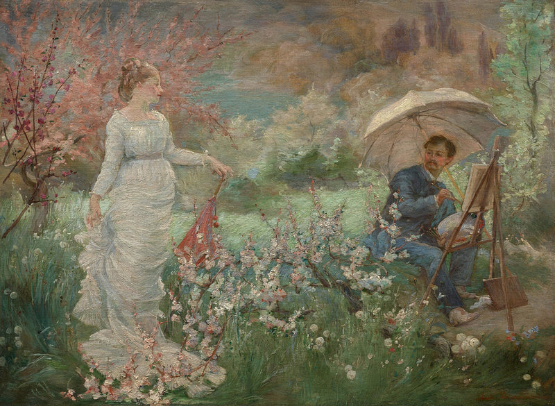 Der Maler und sein Modell in einem blühenden Garten - Marie Bracquemond