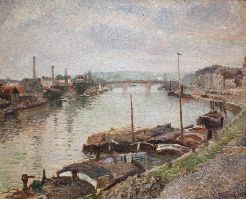 Die Steinbrücke und die Binnenschiffe in Rouen - Camille Pissarro