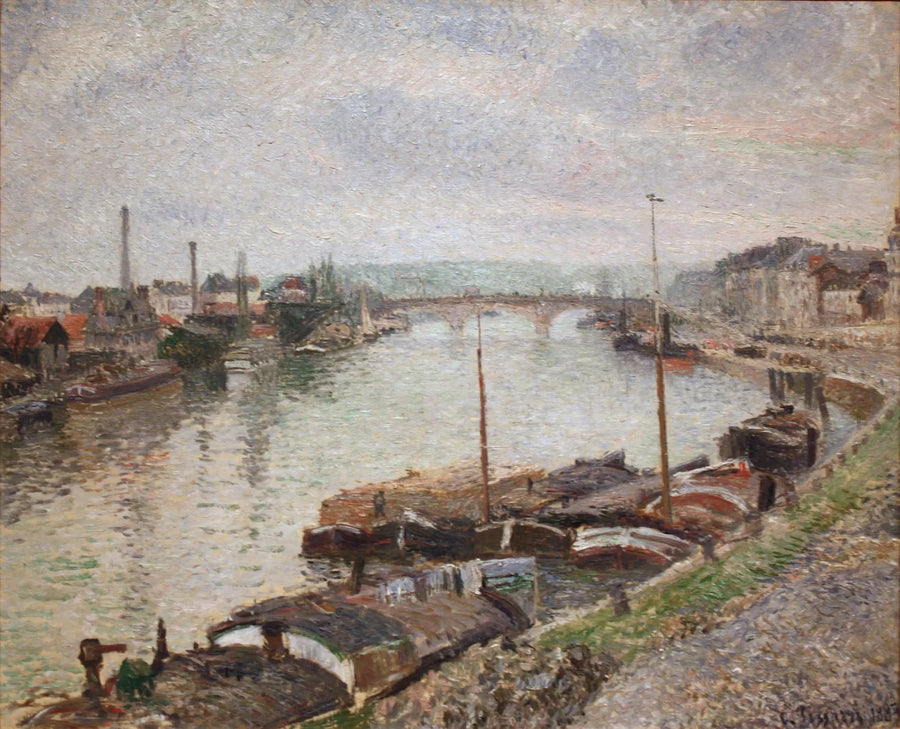 Die Steinbrücke und die Binnenschiffe in Rouen - Camille Pissarro