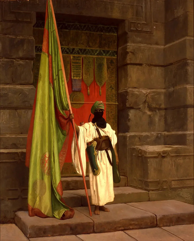 Der stehende Träger, der die heilige Flagge entfaltet - Jean-Léon Gérôme