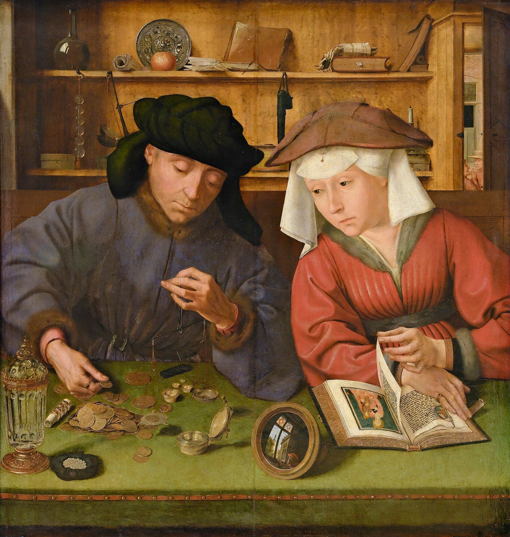 Le Prêteur et sa femme - Quentin Metsys image 1 copie peinte à la main à l’huile