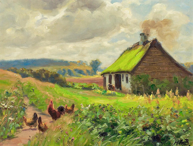 Der Frühling mit einem Haus, einer Frau und Hühnern. - H. A. Brendekilde