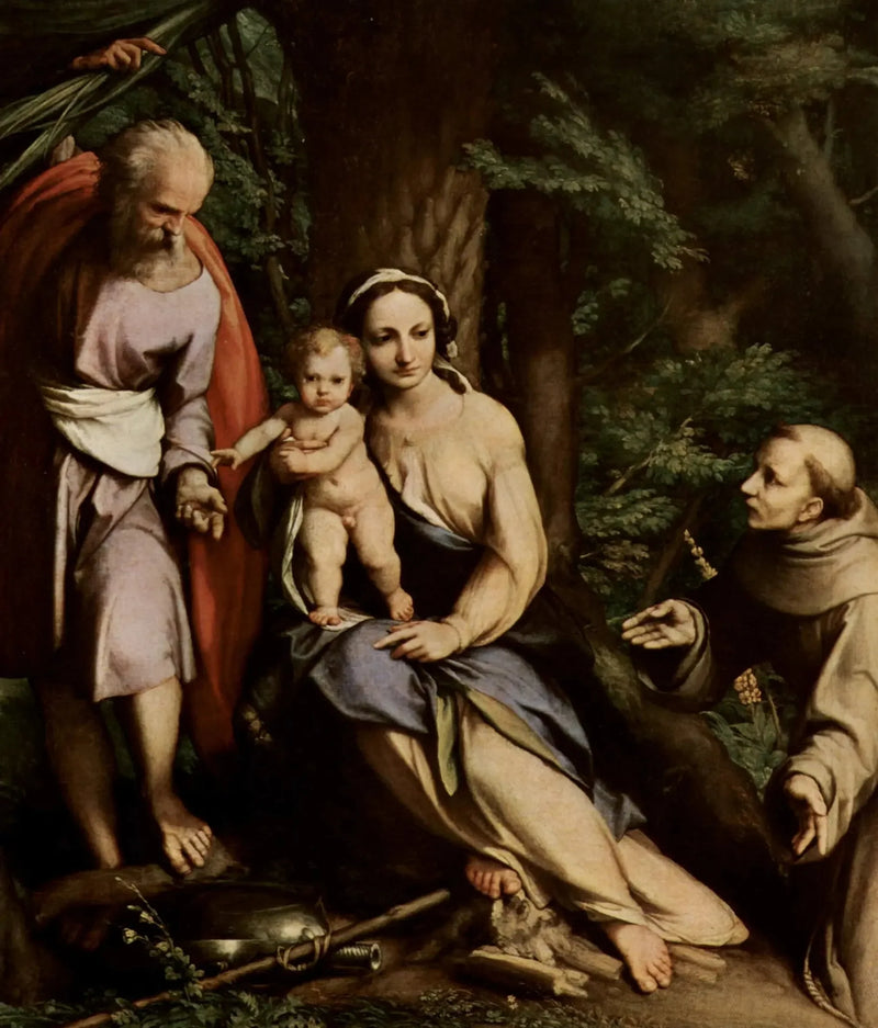 Der Ruhezustand während der Flucht nach Ägypten mit dem heiligen Franziskus - Antonio da Correggio