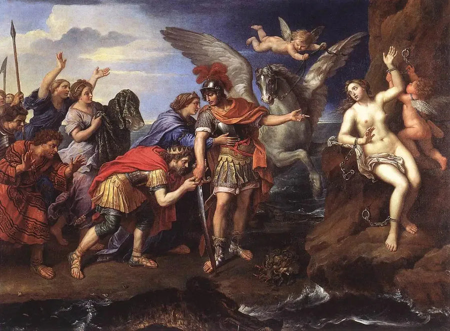 Der König Cepheus und die Königin Cassiopeia danken Perseus, dass er ihre Tochter Andromeda befreit hat - Pierre Mignard