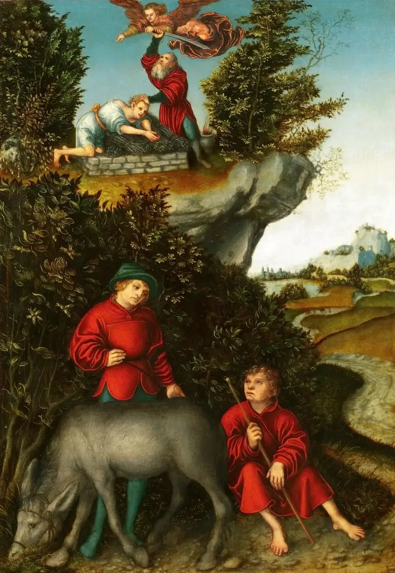 Das Opfer Abrahams: Ein Engel hindert Abraham daran, Isaak zu opfern; die Diener warten am Fuße des Berges (Genesis 22:10-12) - Lucas Cranach der Ältere