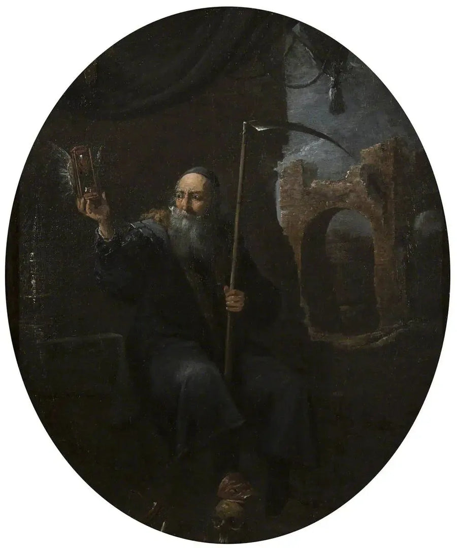 Die Zeit wie ein alter Mann mit einer Sense und einer geflügelten Sanduhr - David Teniers der Jüngere