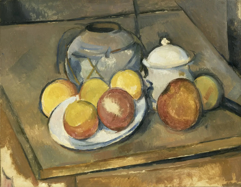 Die geflochtene Vase, Zuckergefäß und Äpfel - Paul Cézanne