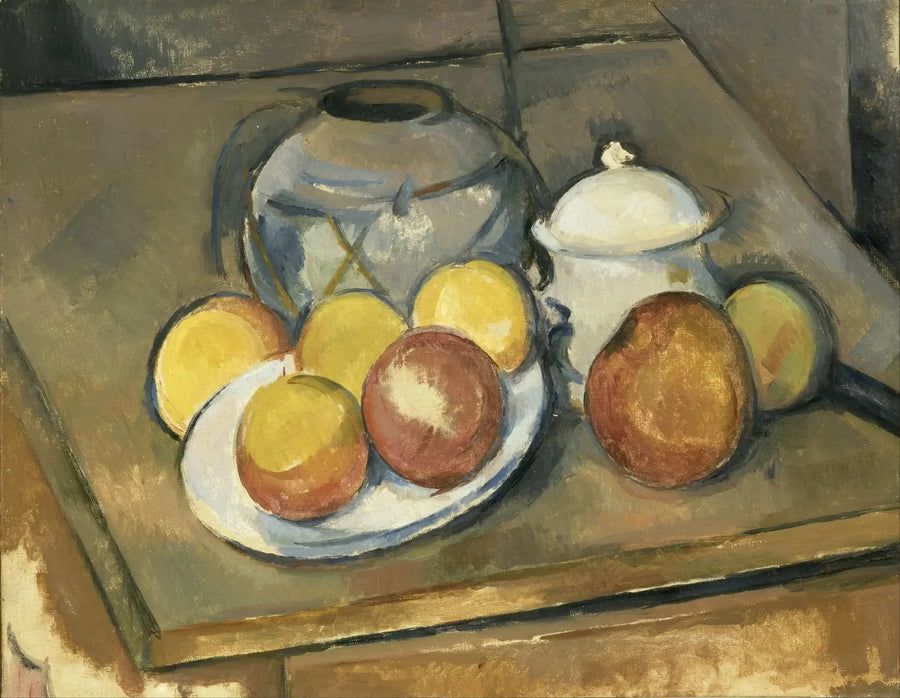 Die geflochtene Vase, Zuckergefäß und Äpfel - Paul Cézanne