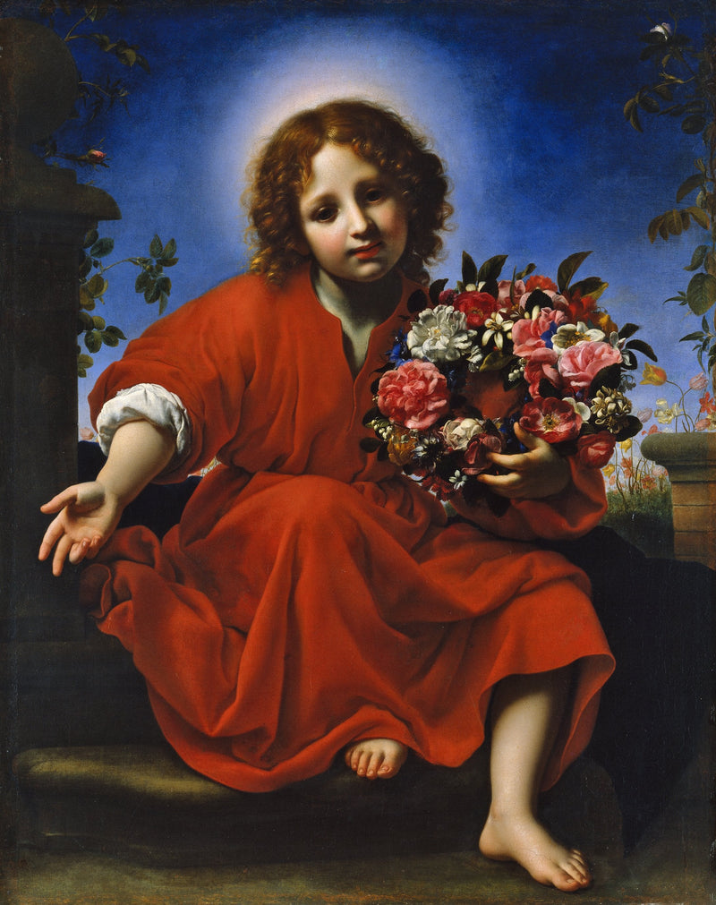 Das Jesuskind mit einem Blumenkranz - Carlo Dolci