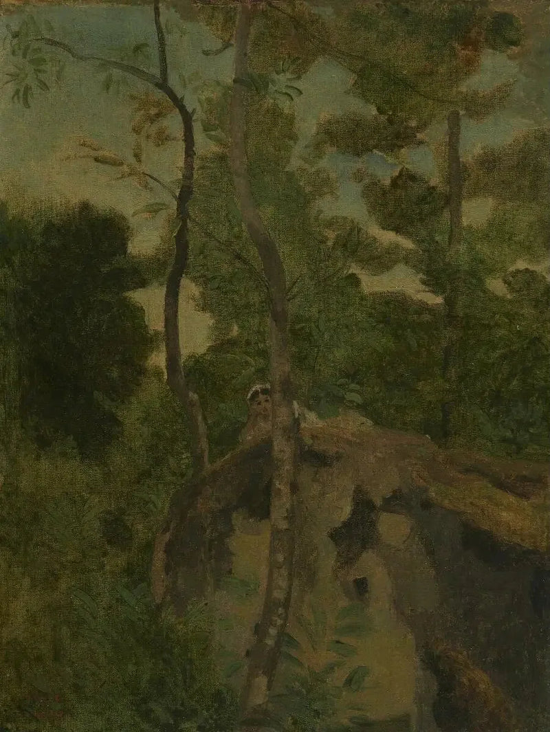 Les Alinges. Junge Frau liegend auf einem Felsen unter den Bäumen - Jean-Baptiste Camille Corot