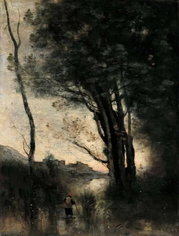 Die Schäfer, die einen Fluss durchqueren. Erinnerung an Italien - Jean-Baptiste Camille Corot