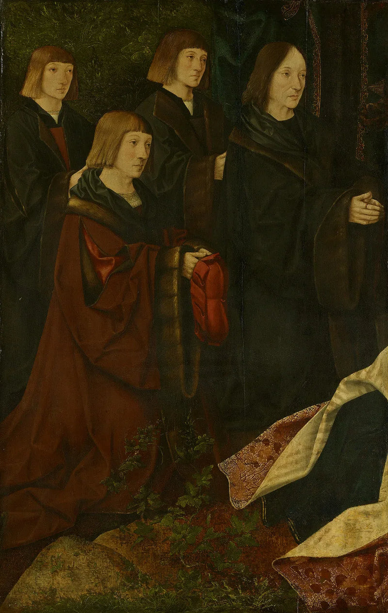 Die Spender Korsgen Elbertzen und seine Söhne Dirck und Albert sind links, mit den Spenderinnen rechts. - Jacob Cornelisz van Oostsanen