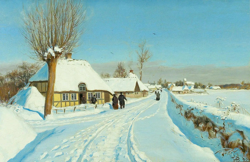 Die Gläubigen gehen am Morgen von Weihnachten zur Kirche. - H. A. Brendekilde