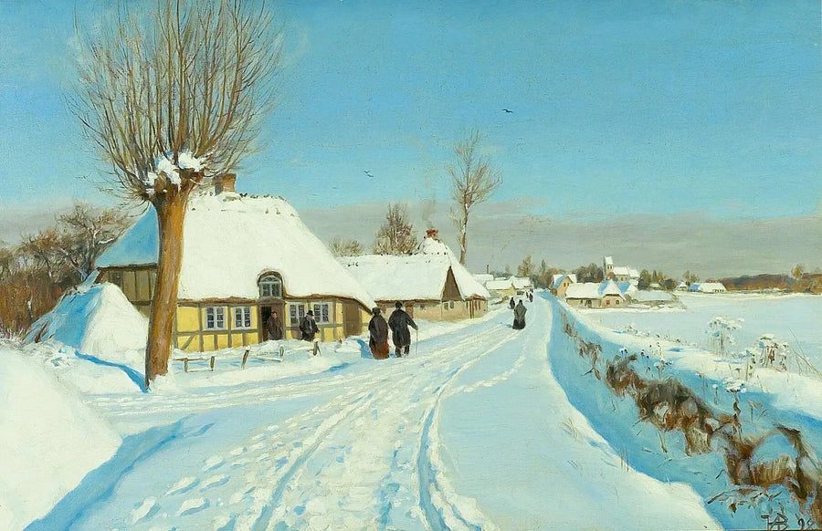 Die Gläubigen gehen am Morgen von Weihnachten zur Kirche. - H. A. Brendekilde