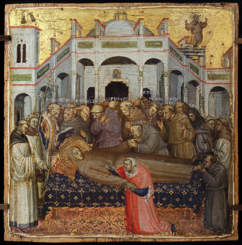 Die Beerdigung des heiligen Franziskus: Überprüfung der Stigmata in Anwesenheit der ersten Franziskanermönche, Sylvester, Angelus, Leon, Philipp, Peter, Bernard, Sabatinus, Barbaro, Gilles, Masseus, Maurice. - Bicci di Lorenzo